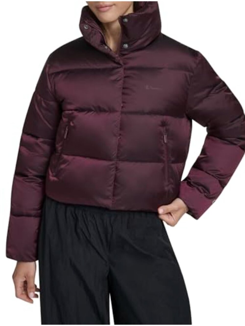 Cropped Quilted Puffer Jacket Zip Pockets Stand Collar Activewear